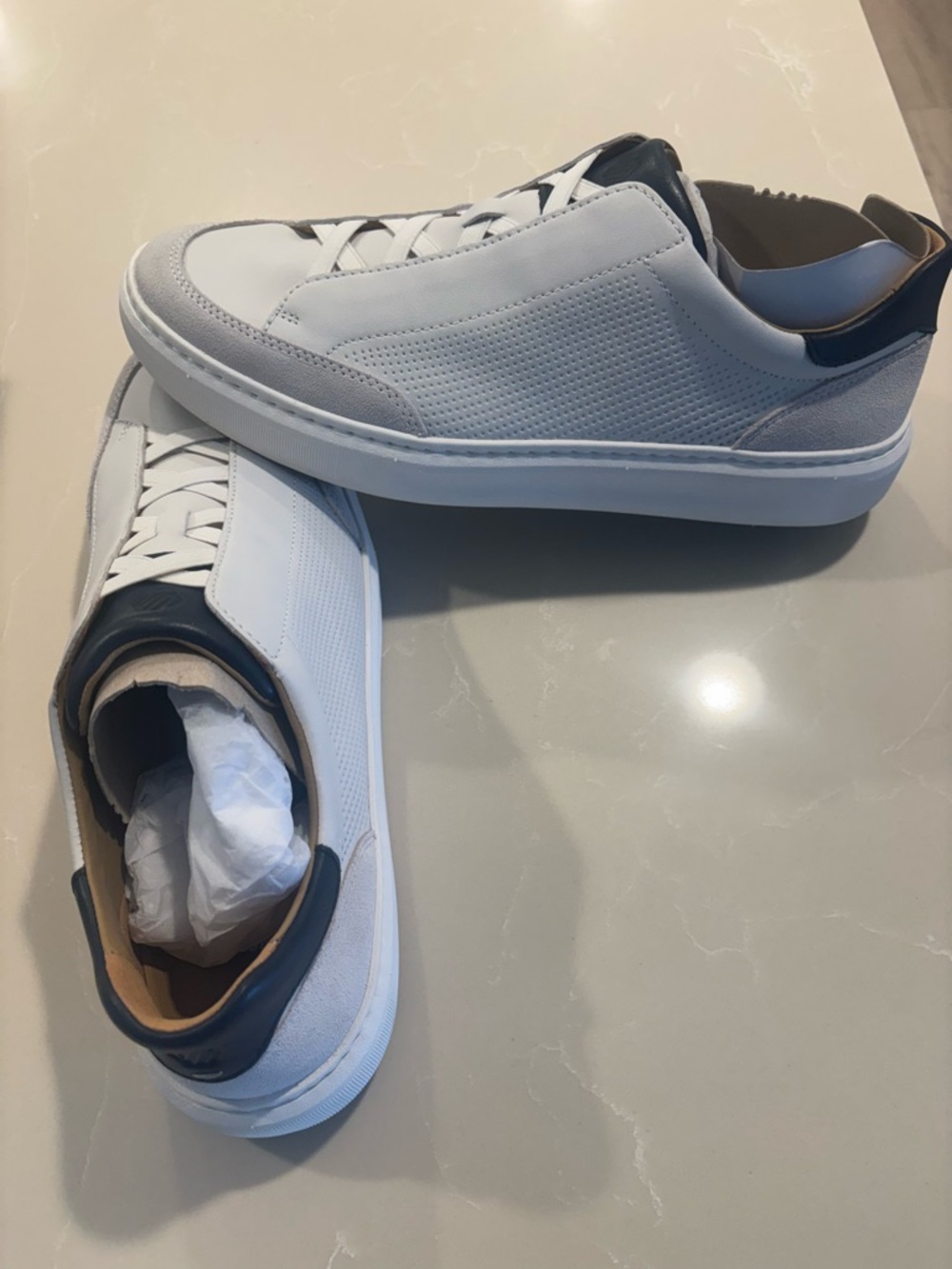 Johnston & Murphy White Leather Low-Top Sneakers with Navy Heel Accent